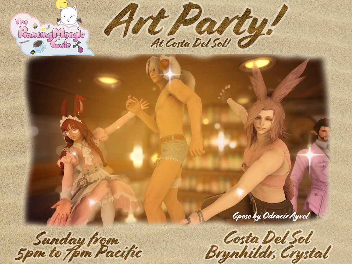 Prancing_Moogle's tweet photo. Grab the sunscreen and strut your stuff, we're going to Moonfire Faire for this week's beach episode art party!
Sunday Aug 20
5p - 7p Pacific
Crystal > Brynhildr > Moonfire Jump Puzzle stage
#FFXIV #FF14 #CrystalArtParty #MoonfireFaire #PlayerEvents #FinalFantasyXIV https://t.co/QMmEHW7HGS