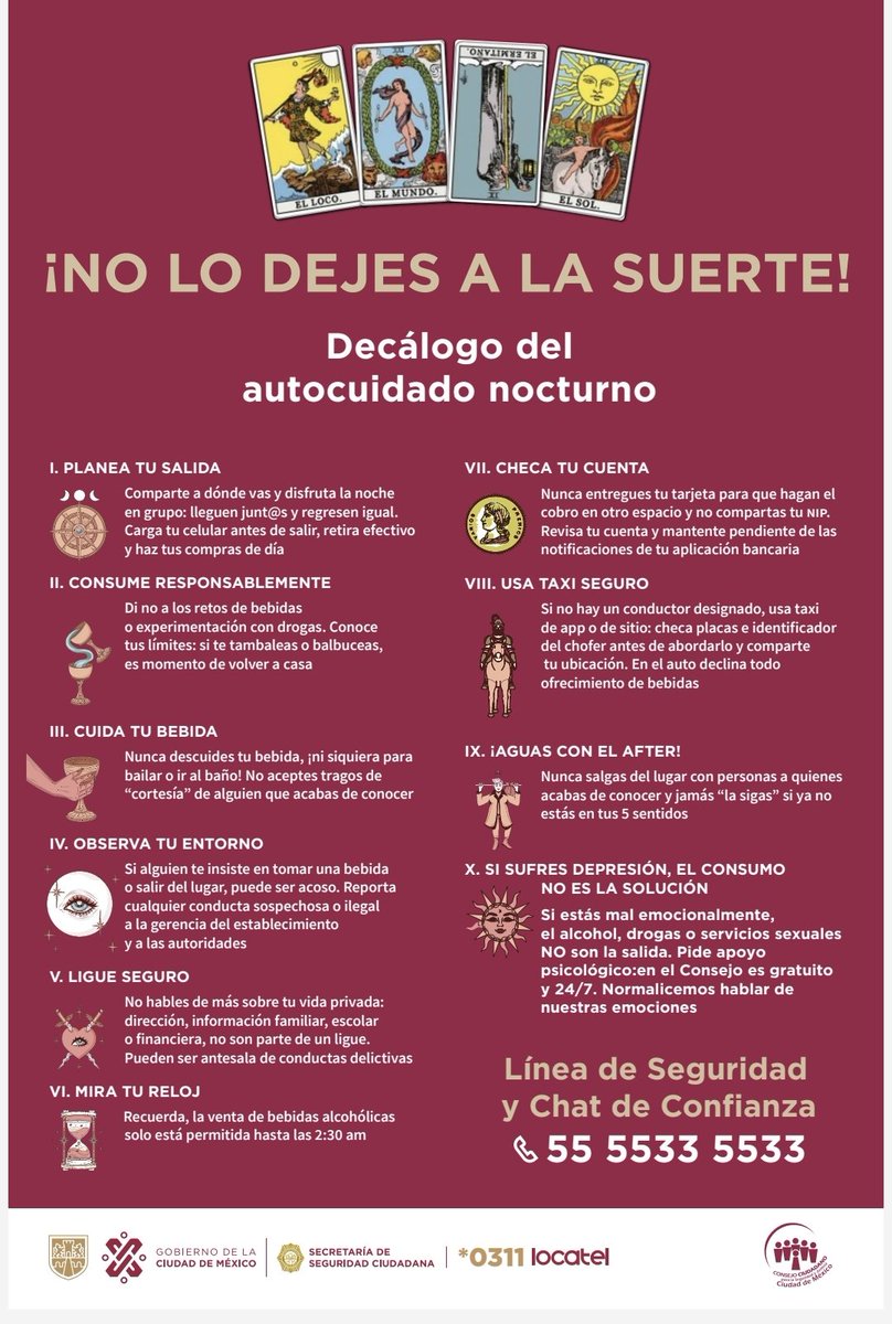 elconsejomx's tweet photo. Si este #FelizSábado estás planeando salir de fiesta, te compartimos estas 10 recomendaciones. Recuerda #NoLoDejesALaSuerte. Si necesitas ayuda jurídica o psicológica marca a #LíneaDeSeguridad 55 5533 5533, es gratis y 24/7. https://t.co/Yfp9fFDHBG