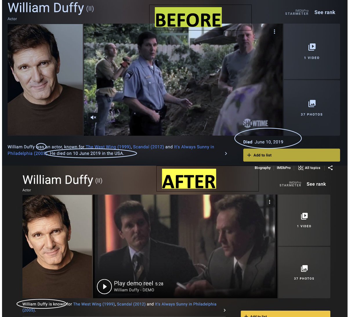 I'm back, baby !
Thank you <a href="/IMDb/">IMDb</a> for "resurrecting" me. 
imdb.me/williamduffy

( I assume they needed justification for having charged me these last 4 years for my IMDbPro subscription ! ). #DuffyIsStillAlive