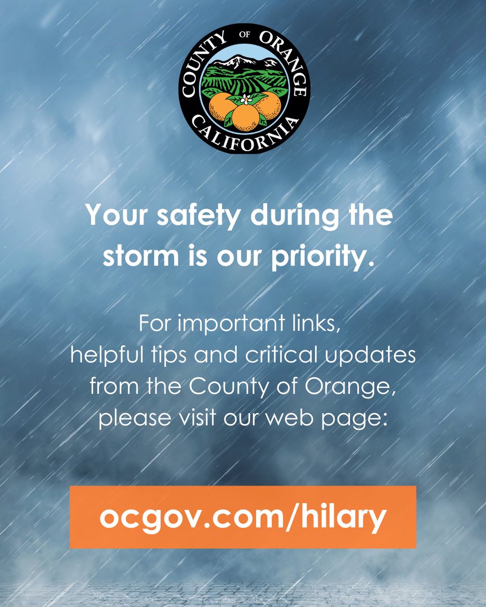 County of Orange teams are working to prepare and protect our communities for Tropical Storm Hilary. 

For information as the storm moves through our region, visit our dedicated web page at: ocgov.com/hilary 

#HilaryOC #ocgov #CountyofOrange #HurricaneHilary