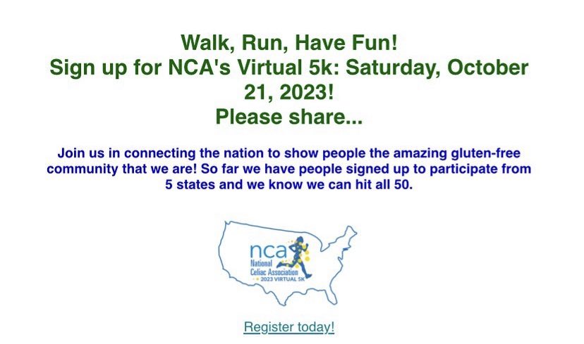 SDCeliacSupport's tweet photo. Our chapter has created a team for the NCA Virtual 5K on October 1st and we would love for you all to join us: https://t.co/gV7KF5qQH3 https://t.co/RbnB056PXq