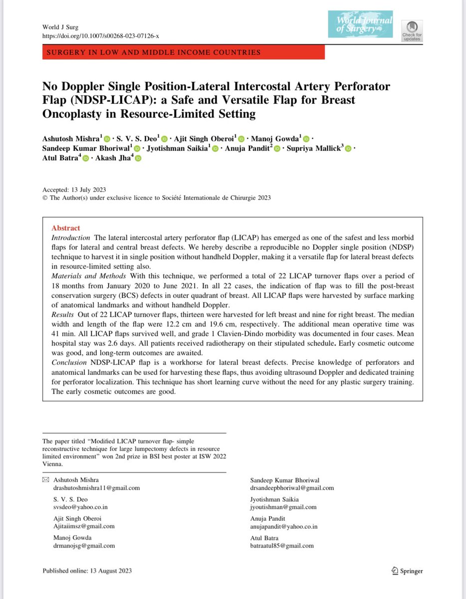 drashutosh_onco's tweet photo. Exciting News! Our work on breast oncoplasty has been published in the World Journal of Surgery. This showcases No Doppler single position Lateral Intercostal artery perforator flap (NDSP-LICAP) technique for partial breast recon.. @WorldJSurg @aiims_newdelhi @KrishnaClough https://t.co/S6VerXmVk6