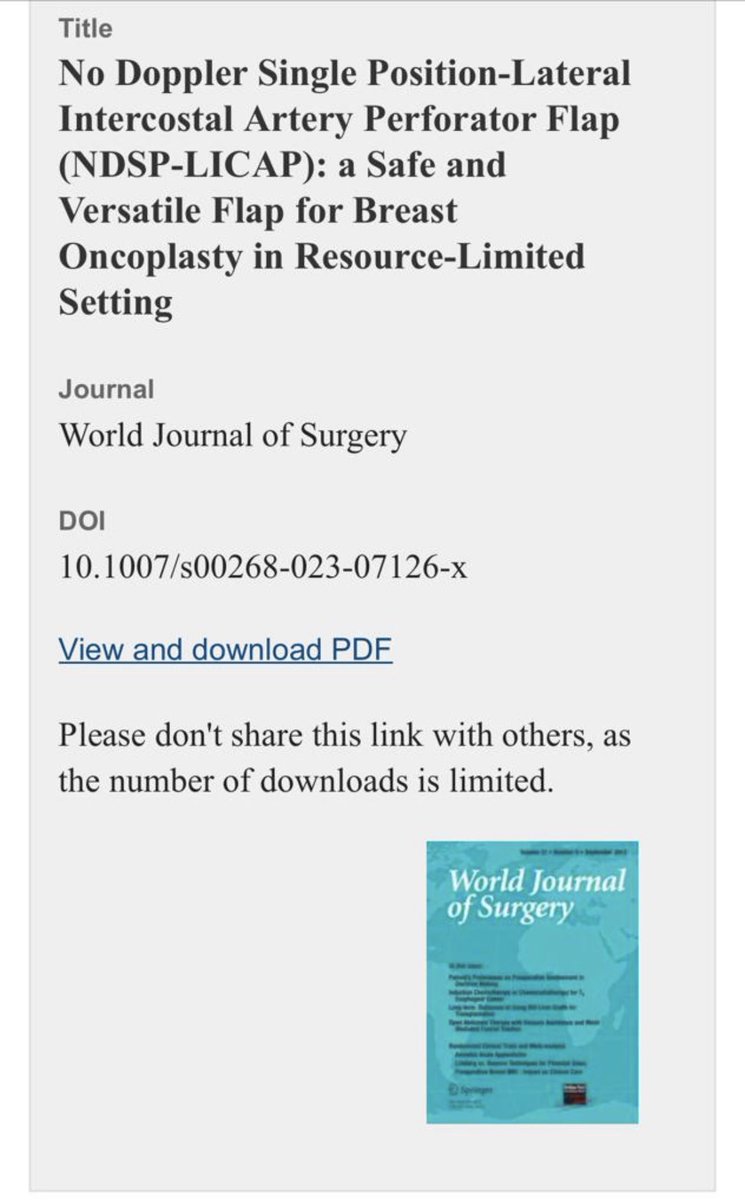 drashutosh_onco's tweet photo. Exciting News! Our work on breast oncoplasty has been published in the World Journal of Surgery. This showcases No Doppler single position Lateral Intercostal artery perforator flap (NDSP-LICAP) technique for partial breast recon.. @WorldJSurg @aiims_newdelhi @KrishnaClough https://t.co/S6VerXmVk6