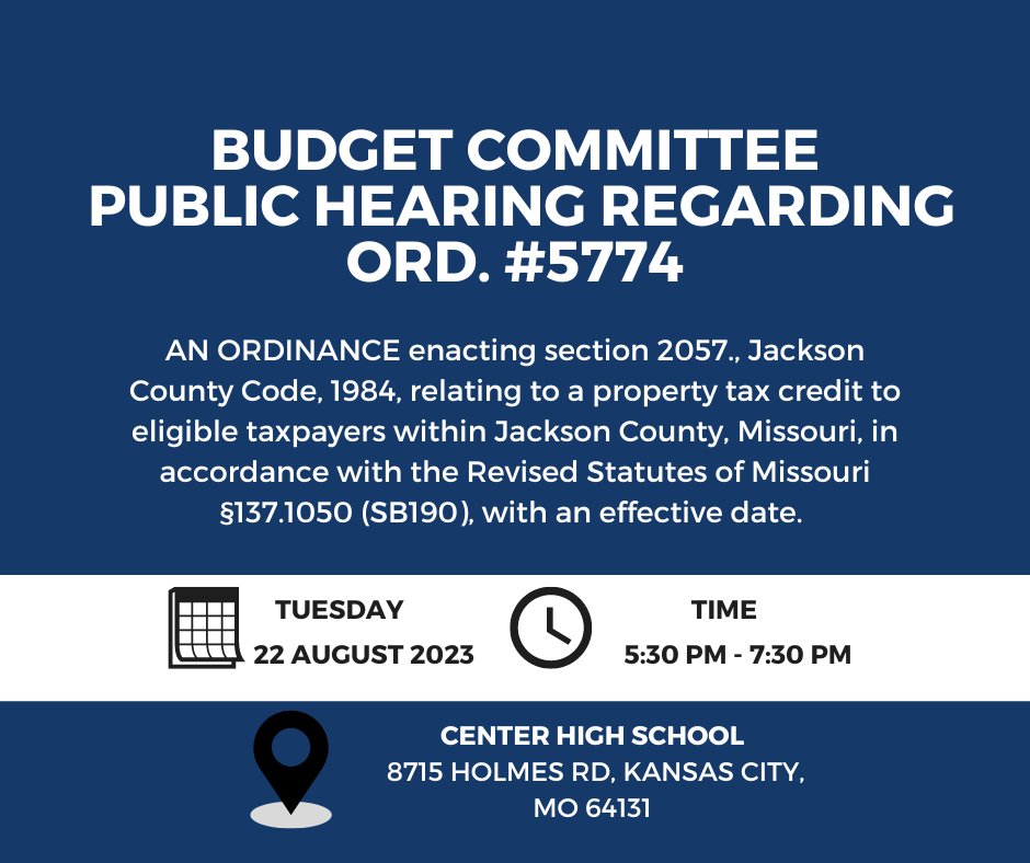 Center will host a public hearing of the Jackson County Legislature Budget Committee regarding proposed legislation to give relief to seniors on property tax increases. The hearing will be on Tuesday, August 22 from 5:30pm - 7:30pm at Center High School (8715 Holmes).
