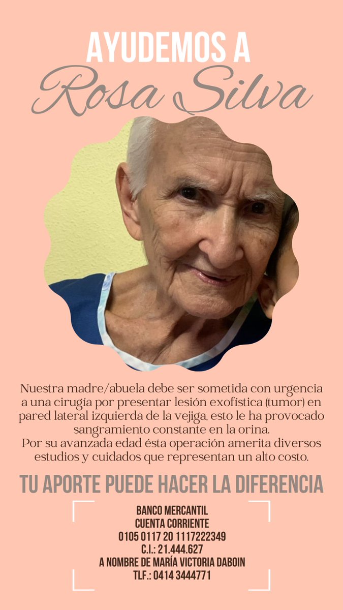 _mariavictoriad's tweet photo. Mi abuela necesita ser operada de urgencia por presentar un tumor maligno en la.pared izquierda de su vejiga, esto lo está causando un sangriento constante al orinar. De no operarse podría sufrir un derrame interno.
Difundiendo también me ayudas🙏🏻🥺 https://t.co/O6IdJSl8Z0