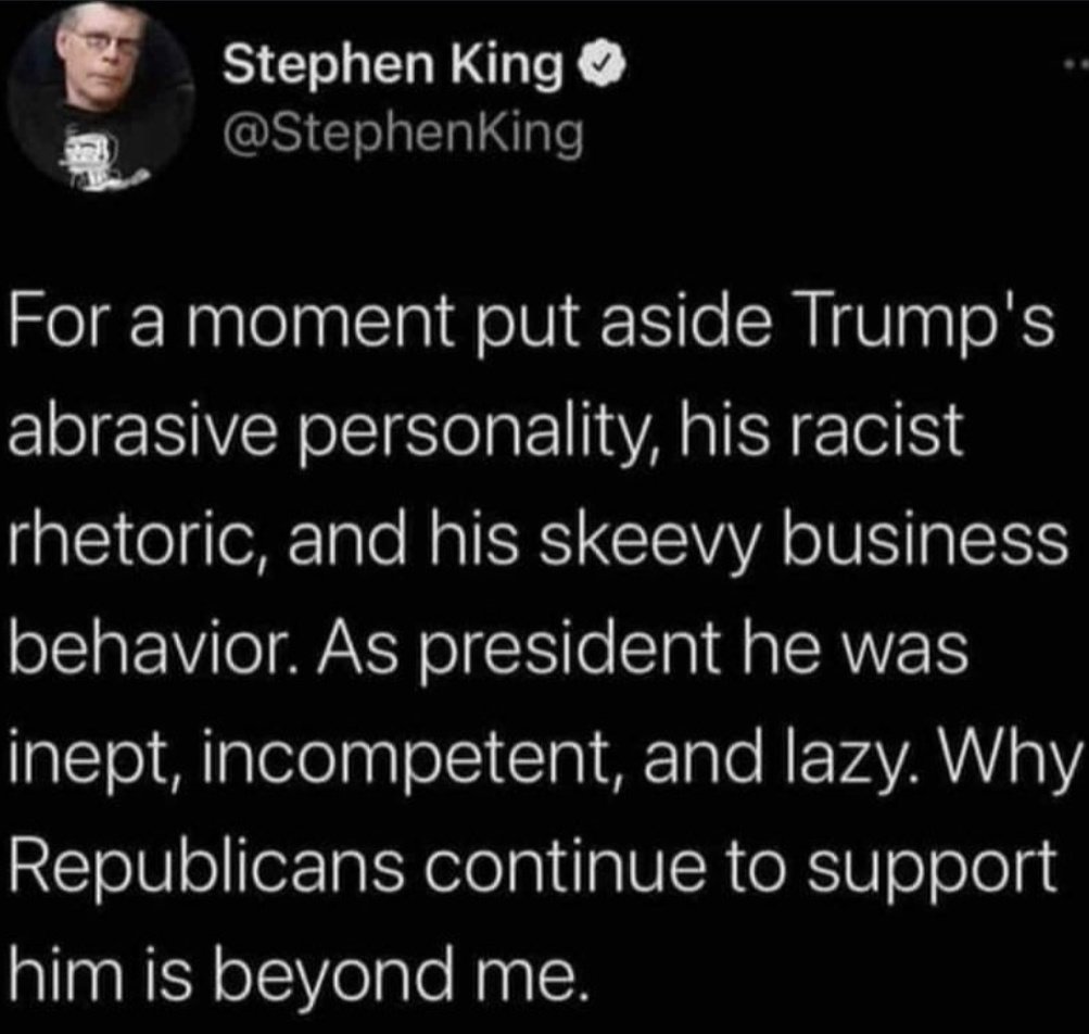 AlexButterfly01's tweet photo. Great question, Stephen King!

Republicans??

Truth Social https://t.co/69R8vaHqay