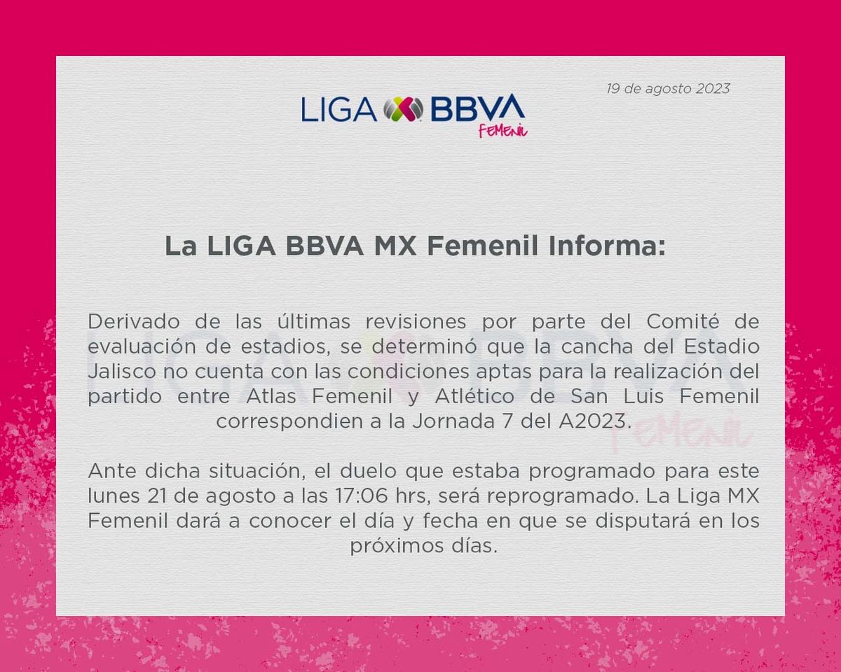 ligafemenilmex's tweet image. ⚠️ El partido entre Atlas y San Luis también será reprogramado ⚠️
#LigaBBVAMXFemenil #VamosPorEllas #FútbolFemenino #NoSeExplicaSeSiente #ConAlmaPotosina