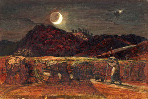 Cornfield by Moonlight, with the Evening Star; bundles of corn and a farmer with staff in the foreground by Samuel Palmer  c.1830 
Watercolour &amp; bodycolour, with pen &amp; ink
(British Museum)