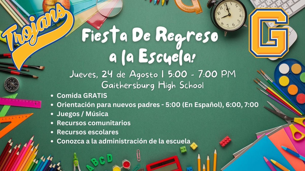 Hope to see our GHS community at our 1st Annual Back to School Blast on 8/24th from 5p to 7p! We will have New Parent/Guardian Orientation Sessions will be at 5:00p (for Spanish-speakers), 6:00p & 7:00p.