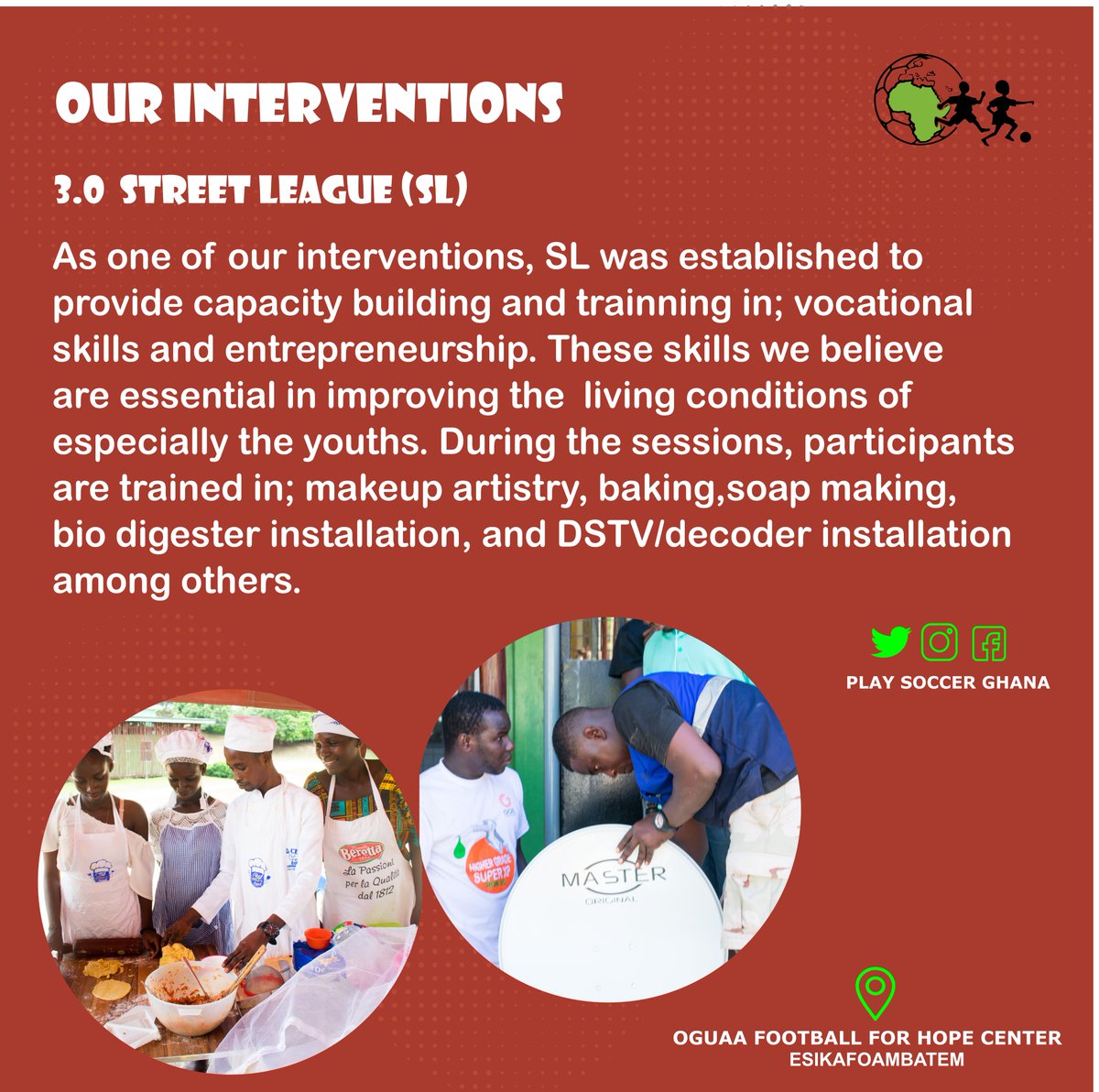 Kind share and follow <a href="/playsoccergh/">Play Soccer Ghana (Official)</a>   for more information on our interventions.

Facebook: <a href="/Play/">v</a> Soccer Ghana-Football For Hope Centre 
Instagram: @playsoccerghana_
Linkedin: <a href="/Play/">v</a> Soccer Ghana