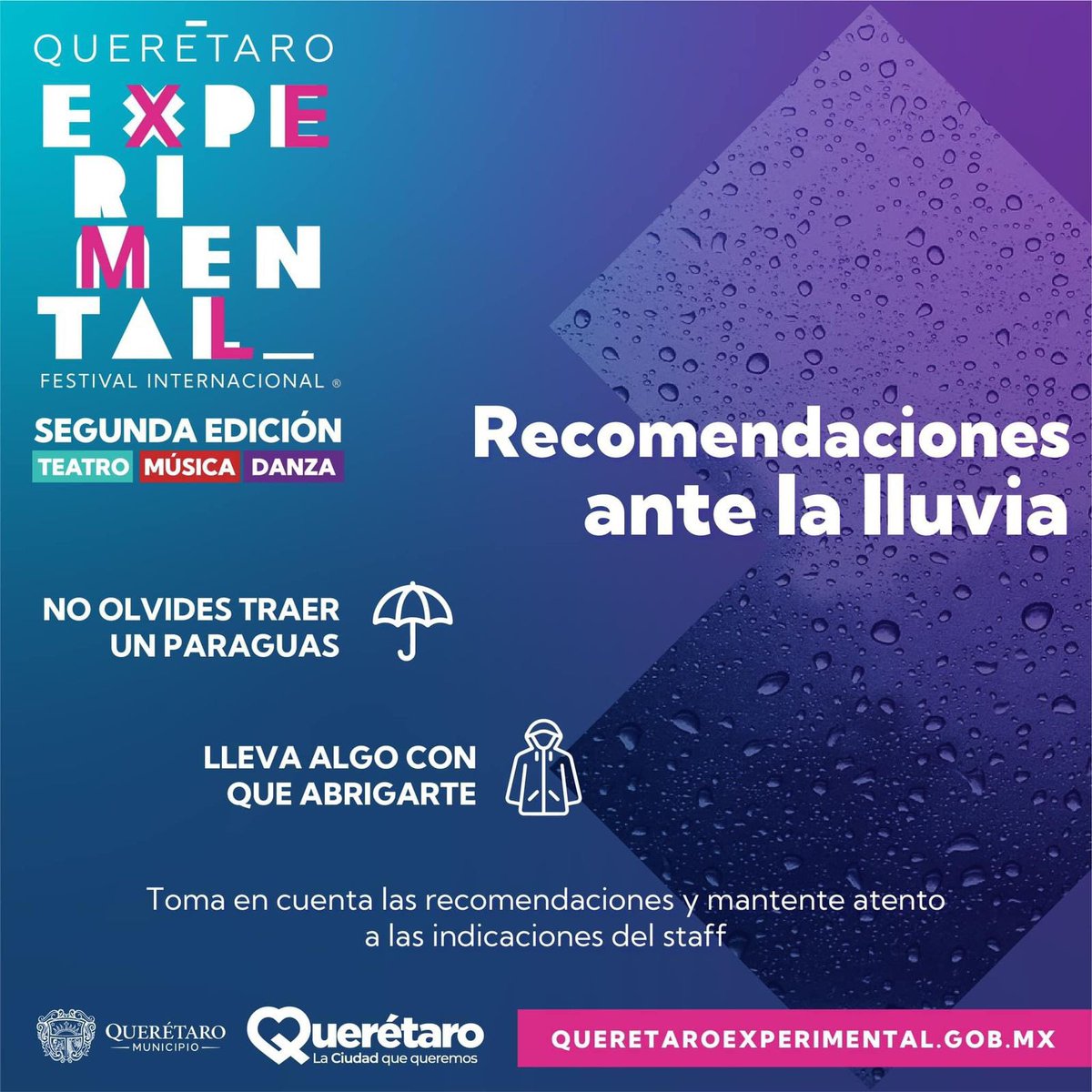 ☔️¡Que no se te olvide! 💃🏽

Hoy es sábado de #QuerétaroExperimental, recuerda traer tu buena vibra, un paraguas y algo con qué abrigarte.

¡Ahí nos vemos! 👀