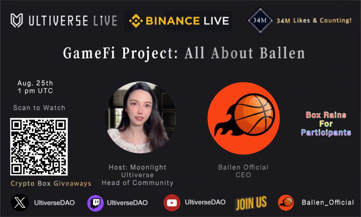 🎙️Ultiverse Live Show: All About @BALLEN_official 🏀

Don’t miss the event!

🎁 Crypto box rains 

📅 1 pm UTC, Aug. 25th

📹 #Binance Live: binance.com/en/live/video?…