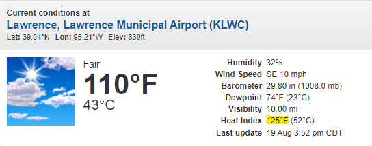 NevilleKMBC's tweet photo. The current (4 p.m.) heat index in Lawrence, KS is 125°! That's the hottest in the world right now! Please be safe during this heat wave! @KMBC #Mowx #Kswx #Kcwx https://t.co/kVQsB8gRUT