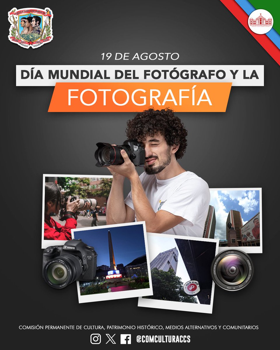 Cada 19 de agosto se conmemora en Venezuela el Día Mundial del Fotógrafo y la Fotografía, en honor a aquellos profesionales que plasman a través de las fotos: noticias, artículos, y momentos, que pueden ser reflejados a través de las imágenes. 📷🇻🇪

#VenezuelaEsAfirmativa