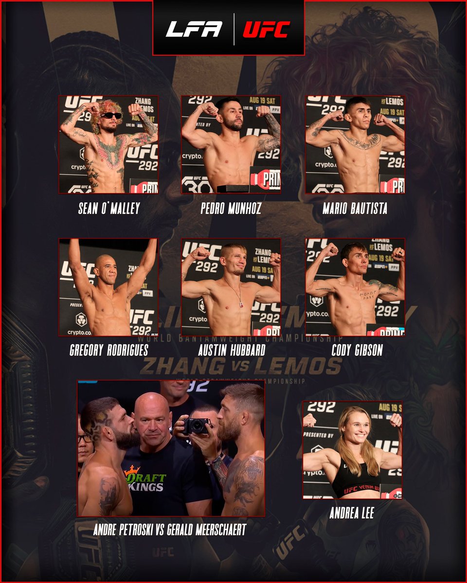 Good luck to these LFA greats!

<a href="/SugaSeanMMA/">Sean O'Malley</a>

<a href="/PedroMunhozMMA/">Pedro Munhoz</a>

<a href="/Bautista_MMA/">Mario Bautista</a>

<a href="/Gregory_MMA/">Gregory “Robocop” Rodrigues</a>

@AustinHubb155

<a href="/TheRenegade559/">Cody Gibson</a>

<a href="/PetroskiAndre/">龙腾娱乐欧洲杯彩票开云体育泛亚电竞德州扑克三计划一飞冲天BET9百家乐鱼天降财神水果丛林六合彩</a>

<a href="/The_Real_GM3/">Gerald Meerschaert</a>

<a href="/AndreaKGBLee/">Andrea Lee</a>

#MMA
#LFANation
#UFC292