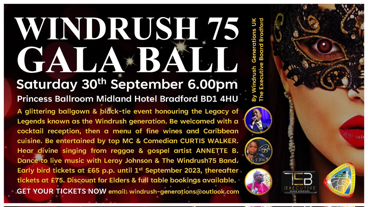 Windrush Generations (@windrushgeneral) on Twitter photo Windrush75 Gala Ball Saturday 30th September at the Princess Ballroom Midland Hotel Bradford BD1 4HU 😊
Dont miss out, these tickets are limited and selling well so get your's now. Email : windrush-generations@outlook.com Windrush75 Gala Ball Saturday 30th September at the Princess Ballroom Midland Hotel Bradford BD1 4HU 😊
Dont miss out, these tickets are limited and selling well so get your's now. Email : windrush-generations@outlook.com