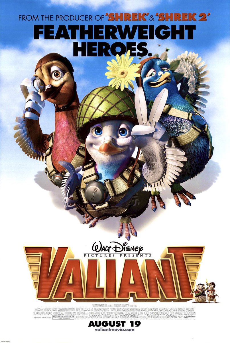 🎬MOVIE HISTORY: 18 years ago today, August 19, 2005, the movie ‘Valiant’ opened in theaters!

#EwanMcGregor @rickygervais #PipTorrens #DanRoberts #BrianLonsdale #JohnCleese #OliviaWilliams #JohnHurt #AnnetteBadland #JimBroadbent #HughLaurie #TimCurry #RikMayall @SharonHorgan