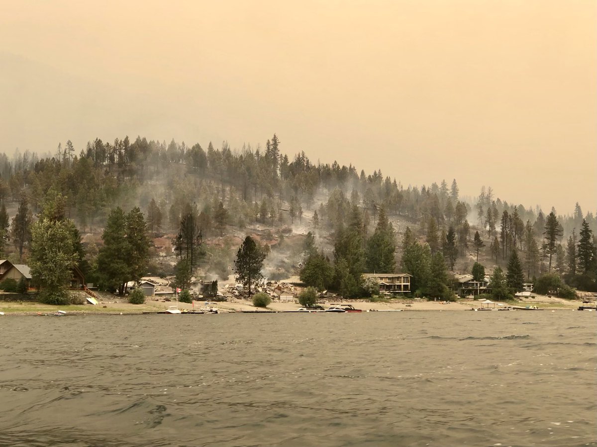JimmyJalapeno's tweet photo. Little Shuswap Squilax North Shore lease lot cabins. Taken from the water. Some cabins gone. Others untouched. Totally random. Heart breaking. 

@Kamscan @DrAdamWarner #BCWildfires #adamslakefire https://t.co/PQBKRE2TgW