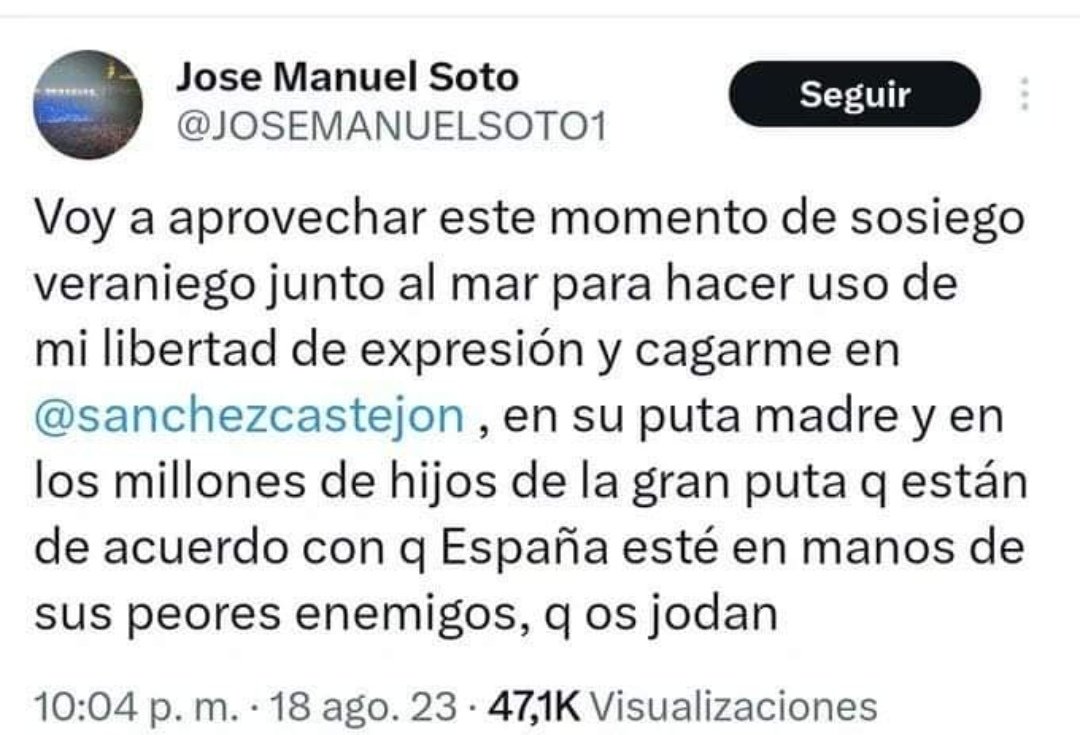 Iguaman59's tweet photo. Yo también en mi retiro veraniego quiero dar las gracias al Ayuntamiento de Villacarrillo municipio de Jaén, por suspender la actuación en sus Fiestas Patronales de semejante miserable. Al fascismo se le aparta y no se le hace propaganda. Bravo a su concejalia de fiestas.👏👏👏 https://t.co/ZiExo2ic7a
