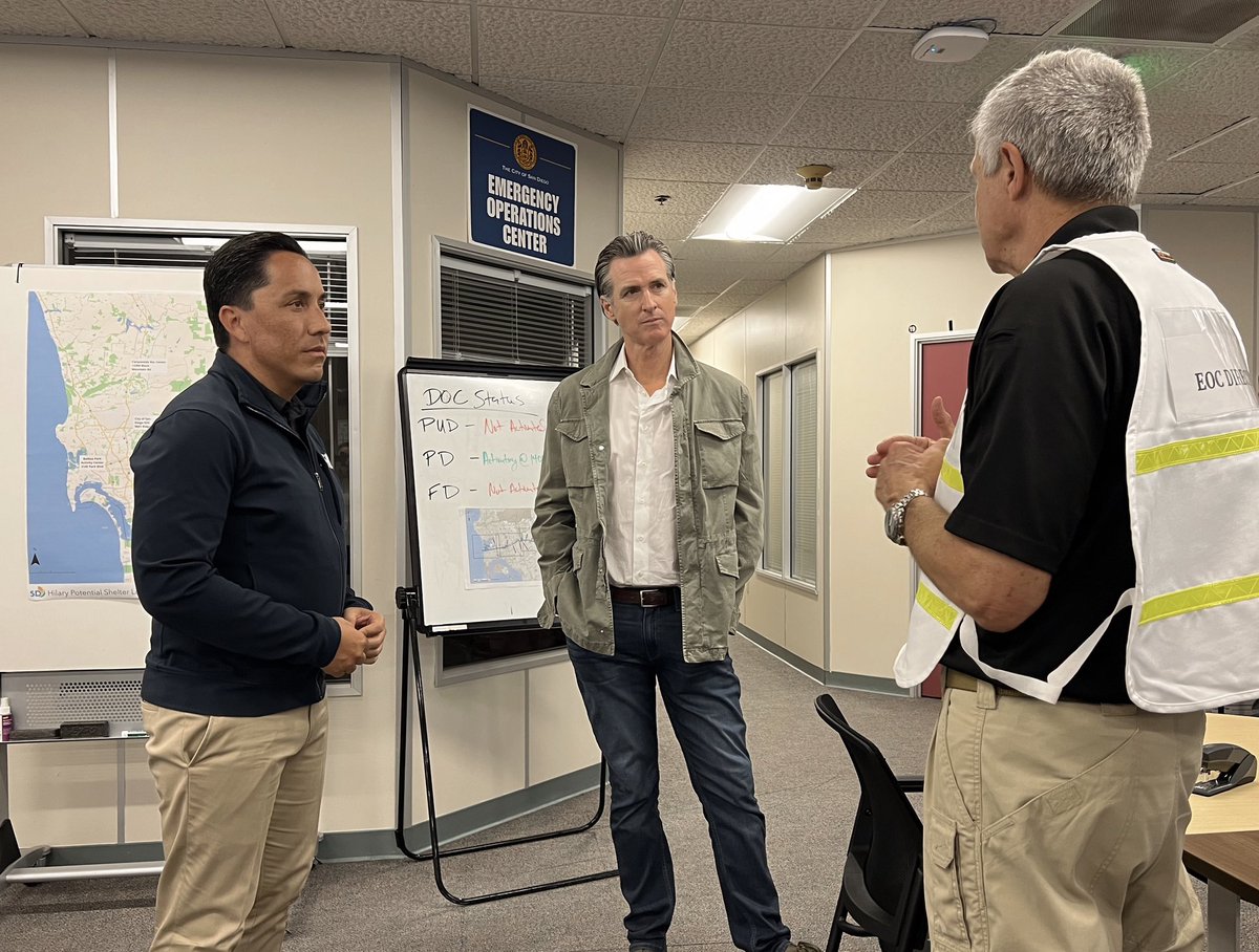 Gavin Newsom (@gavinnewsom) on Twitter photo Just left the San Diego Emergency Operations Center -- meeting with <a href="/MayorToddGloria/">San Diego Mayor Todd Gloria</a> as California prepares for #HurricaneHilary.
Southern California: Make sure to stay safe and listen to local official warnings. Just left the San Diego Emergency Operations Center -- meeting with <a href="/MayorToddGloria/">San Diego Mayor Todd Gloria</a> as California prepares for #HurricaneHilary.
Southern California: Make sure to stay safe and listen to local official warnings.