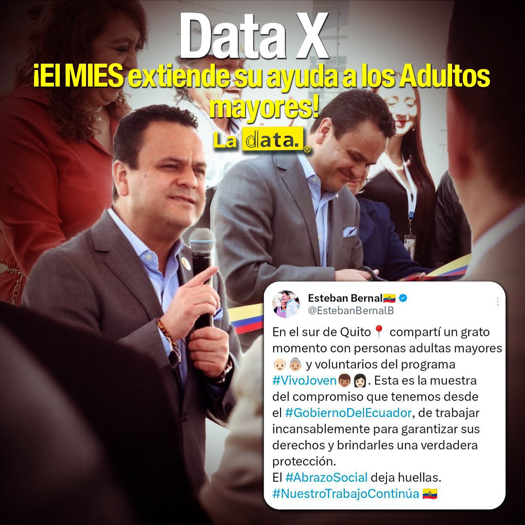 ElDatoEcua's tweet image. #DataX ¡El MIES EXTIENDE SU AYUDA A LOS ADULTOS  MAYORES!  

El ministro del MIES, Esteban Bernal, se reunió con personas de la tercera edad, donde compartió un satisfactorio momento en compañía de voluntarios del programa “Vivo joven”. 

Bernal destacó, “Esta es la muestra del…