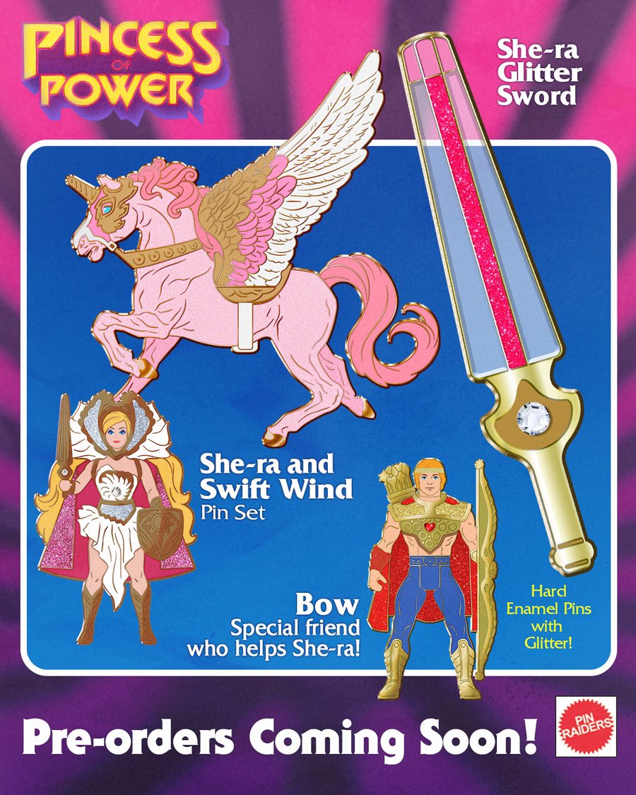 Our #PincessOfPower line continues with She-ra’s Glitter Sword, her special friend Bow and her magical flying unicorn Swift Wind! 

Pre-orders coming soon! 💖🦄✨🏹

#PinRaiders #CustomPins #Shera #PoP #MotU #80stoys #retro