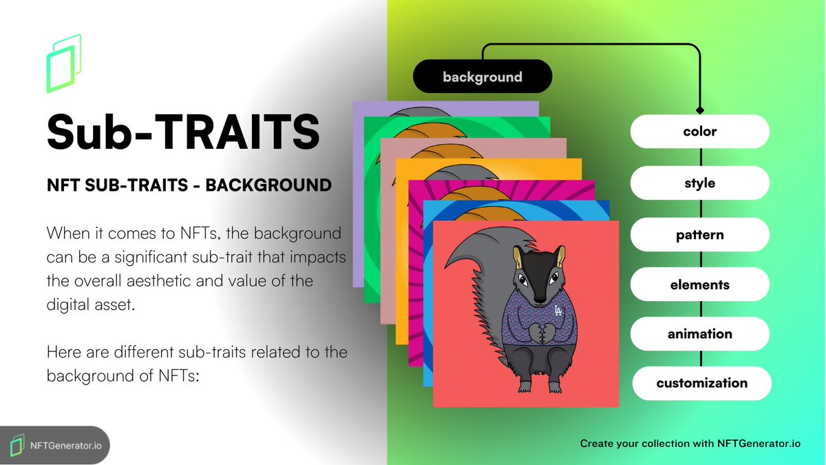 nftgeneratorio's tweet photo. π¨π Uncover the hidden dimensions of NFTs with sub-traits! πβ¨ From background colors to artistic styles, sub-traits add depth and uniqueness to digital art. Dive into the world of endless possibilities with @nftgeneratorio! #NFTs #DigitalArt https://t.co/FWlMPMnciz
