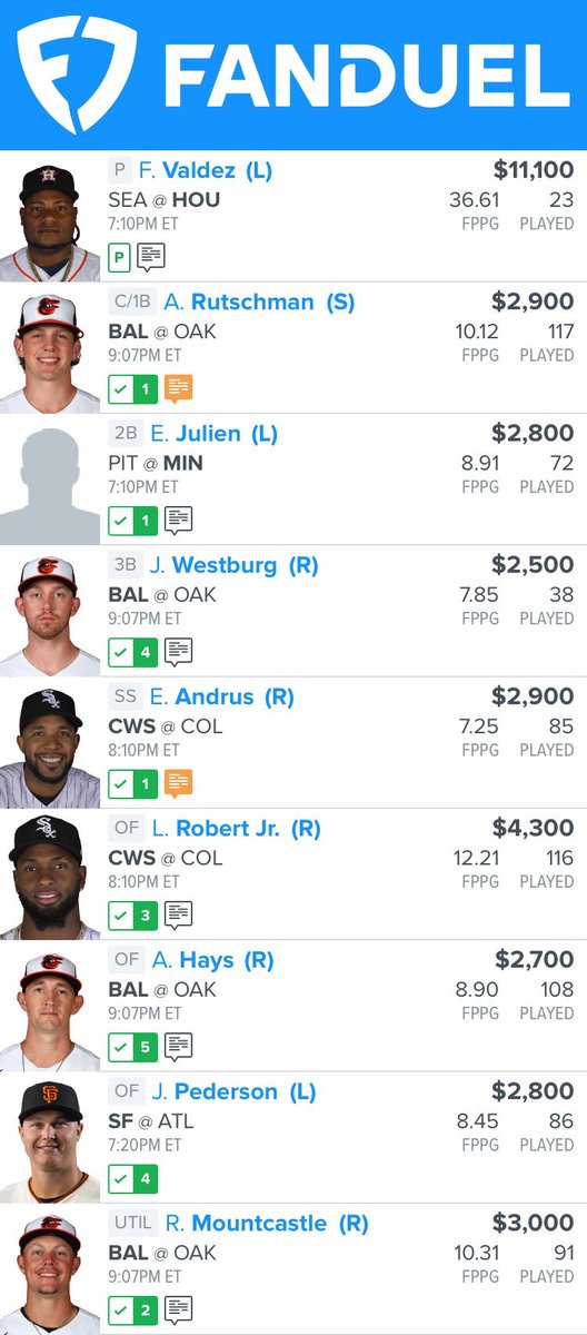 JakeOsterholt's tweet photo. 🚨August 19 Main Slate MLB FanDuel🚨

PLEASE LIKE/TWEET IF USING, tail at your own risk. 🙏🔄❤️ Good luck! 🍀

Created by DFS Picks With Math prototype optimizer. Follow to see building process and success rate of our DFS optimizer. 👇 https://t.co/E1Ff39nntC