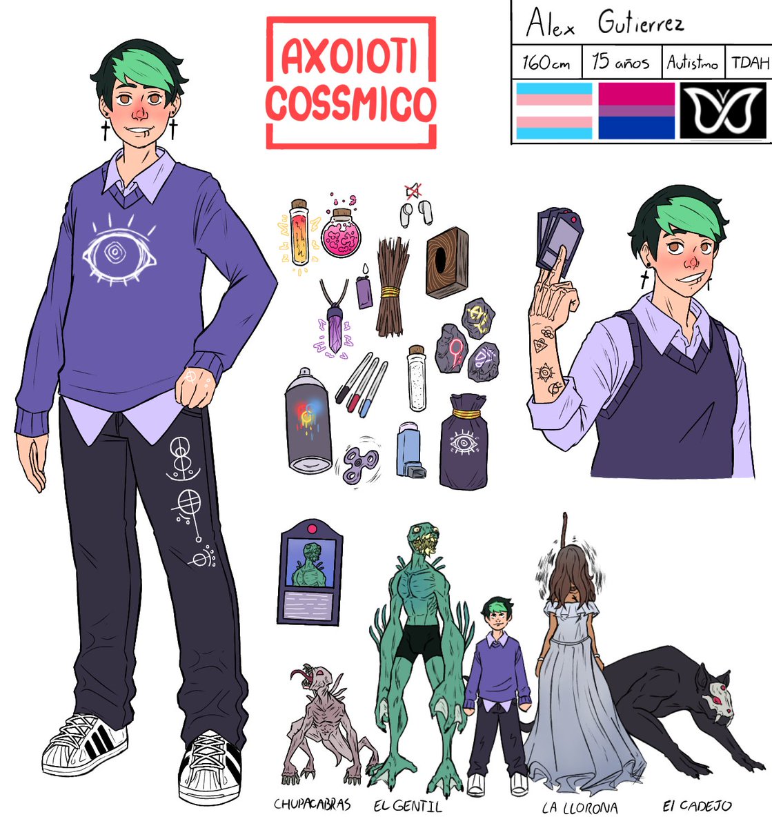 axolotl_cos5's tweet photo. Alex's power allows him to capture alebrijes or objects inside cards that he makes himself.  He usually sends one of his 9 children to fight for him, but sometimes he borrows one of his attributes to fight himself.
He is also Mateo's boyfriend. https://t.co/ll4HhXVf4M
