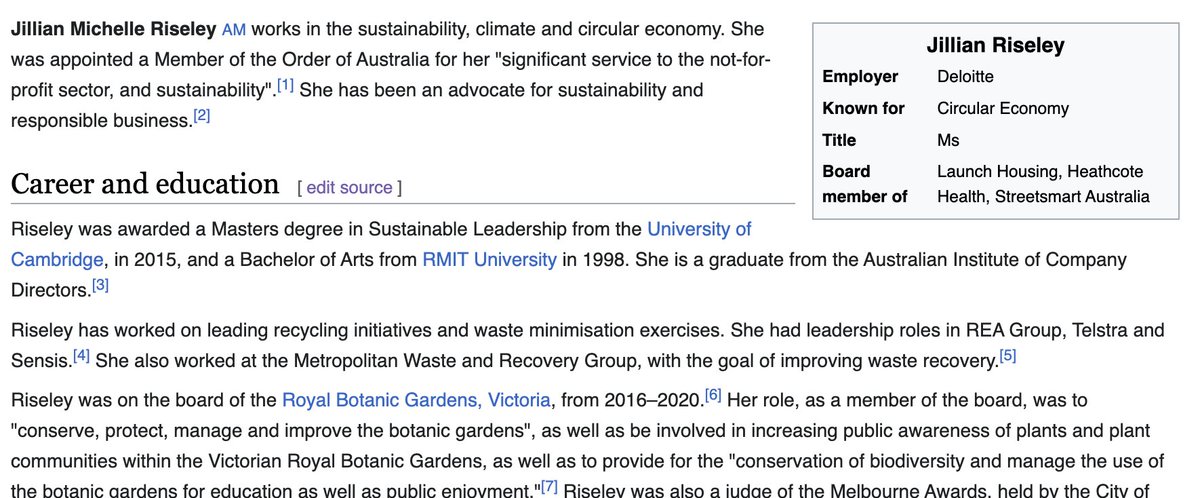 New Wikipedia page for @jillriseley, a Member of the Order of Australia, for sustainability and climate change work. Sustainability and Climate Change Partner at Deloittes. Board member of Royal Botanic Gardens, Victoria. en.wikipedia.org/wiki/Jillian_R…