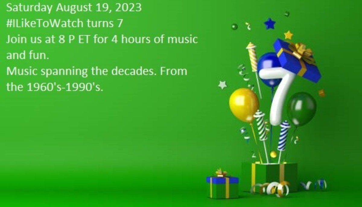 #Music lovers, join us on Mastodon as we celebrate the 7th anniversary of #ILikeToWatch with a special extended event, starting at 8pm EDT.
This event, created by @Titus88Titus, has evolved into one of the most friendly gatherings on the interwebs.

Happy Birthday, buddy!
🍻🥳