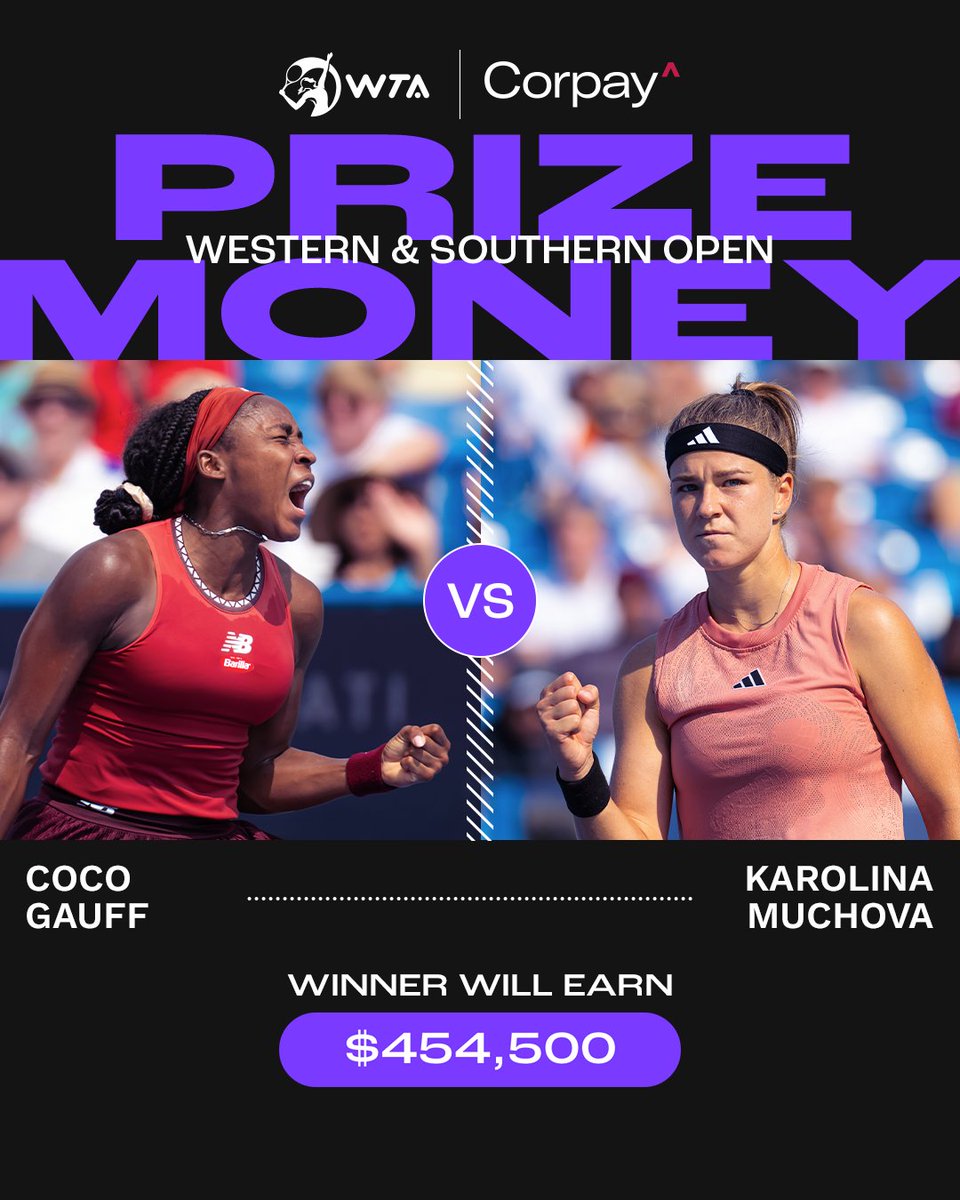 WTA's tweet photo. A new @CincyTennis champ will be crowned 👑

Who will claim it: @CocoGauff or @karomuchova7?

Find out on Sunday at 1:30pm local time!

Presented by @CorpayFX https://t.co/rJK3lFpaCW