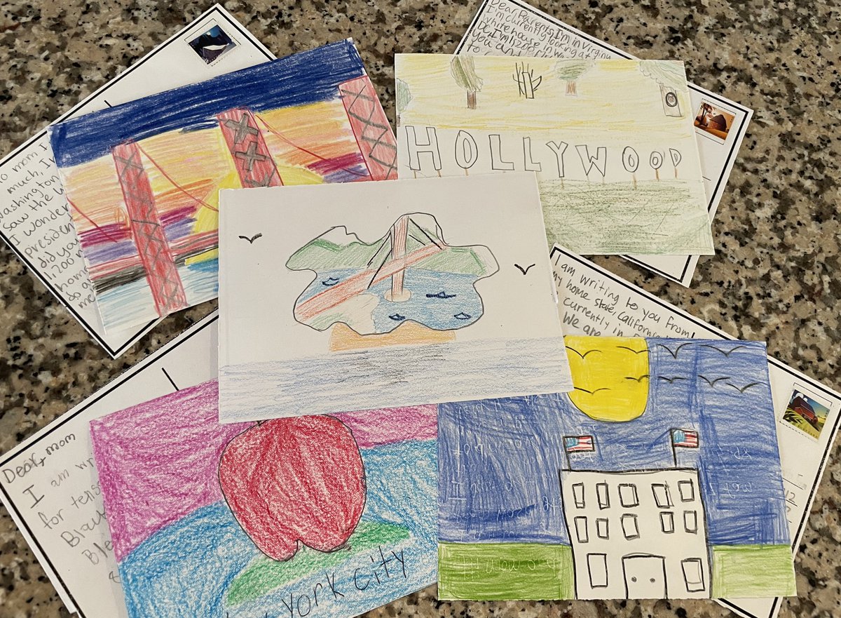 kellehers_class's tweet photo. This week we traveled around the US and checked out some landmarks. We worked on map skills and wrote postcards home. https://t.co/m1ICIEqn6H