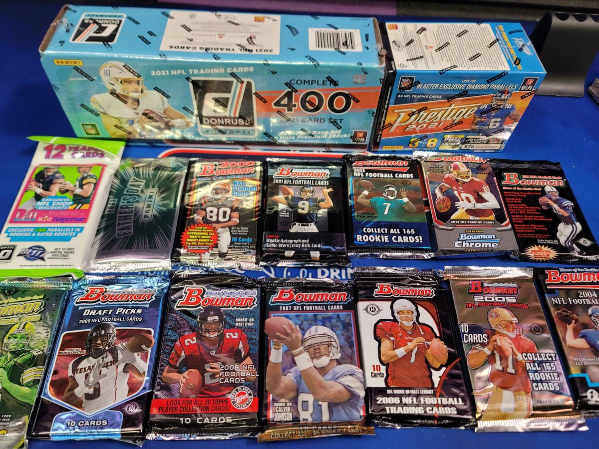 CobiesCards's tweet photo. OK, you gotta read this please:
 
1.  Every spot you buy gets you a team in 3 different breaks pictured below.
2.  There are 9 breaks total (3 of each set of 3), so if you buy just 3 spots you will have a team in all 9 breaks.
3.  I cannot put all your spots in just 1 break or anything like that - every spot gets you in all 3 breaks.

Link: https://t.co/koGnWXRFn5

Price: $114.99 - buy 3 spots and you will have a spot in all 9 breaks

Break 1
2021 Donruss Football Set (Target Exclusive/blue)
2021 Panini Prestige Blaster
1998 Bowman Hobby Pack
1999 Bowman Hobby Pack
2000 Bowman Hobby Pack
2001 Bowman Hobby Pack
2003 Bowman Hobby Pack
2004 Bowman Hobby Pack
2005 Bowman Hobby Pack
2006 Bowman Hobby Pack
2007 Bowman Hobby Pack
2008 Bowman Hobby Pack
2009 Bowman Hobby Pack
2013 OR 2015 Bowman Jumbo Pack
2017 Donruss Optic Value Pack

Break 2
2020 Panini Phoenix Set (Fanatics Exclusive)
2020 Panini Absolute Hobby Box
2021 Panini Prestige Blaster

 Break 3
2018 Optic Contenders Hobby Box
2021 Donruss Football Set (Fanatics Exclusive/white w/pack)
2021 Panini Prestige Blaster
 
You get a team in all 3 breaks with every spot you purchase! Each break has it's own random.

Rookie potential includes:
 
Peyton Manning
Randy Moss
Drew Brees
Tom Brady
Tony Romo
Ben Roethlisberger
Aaron Rodgers
Patrick Mahomes
Josh Allen
Lamarr Jackson
Baker Mayfield
Joe Burrow
Justin Herbert
Tua Tagovailoa
Jalen Hurts
Justin Jefferson