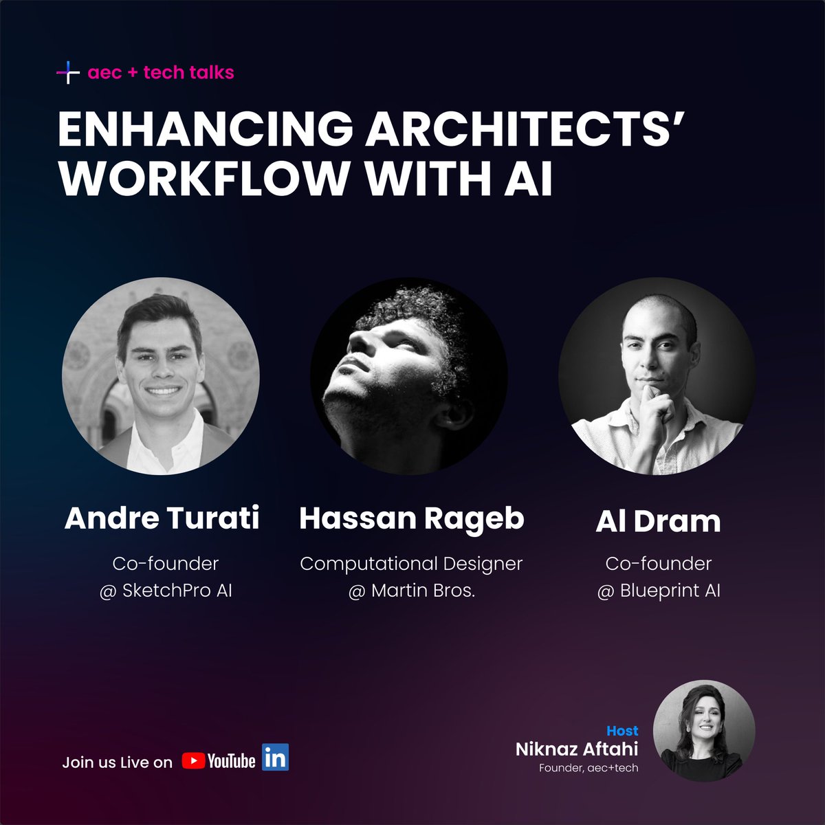 📣Join us next Fri, Aug 25th at 11:00 AM PST, on LinkedIn Live or YouTube Live for our webinar "Architect's Workflow &amp; AI"!

🎉We'll be joined by three #AI experts who will show us how they're leveraging AI to elevate the work and workflow of designers and #architects 
<a href="/HsnRgb/">Hassan Ragab</a>