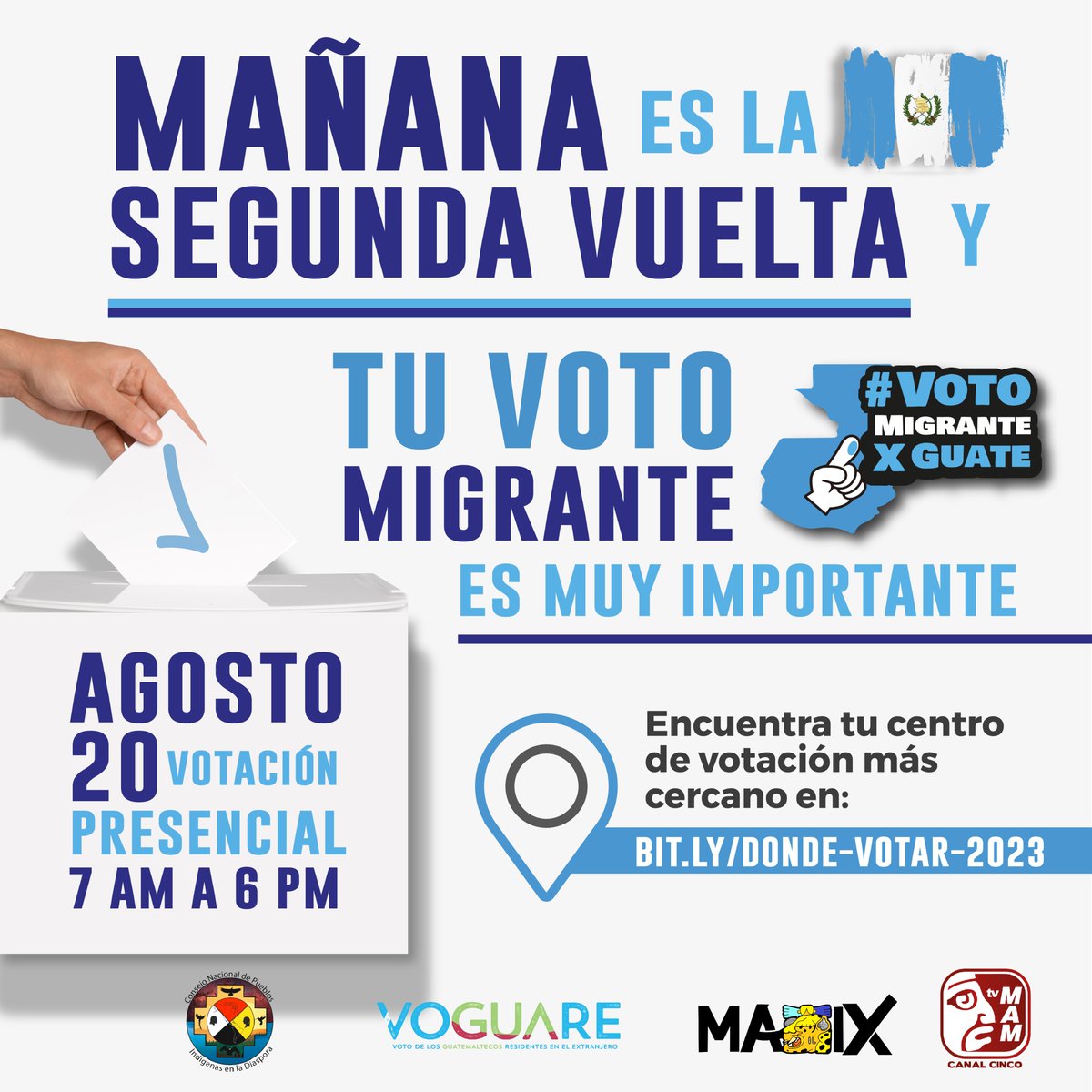 📣🇬🇹Mañana domingo 20 de agosto: votemos con amor por nuestra Guatemala 🇬🇹.  Motiva a tus amigos y familiares, hagamos que nuestro #votomigrante sea el puente que nos una a nuestra tierra natal.

📍🗳️Conoce dónde te toca votar en: bit.ly/donde-votar-20…

✅🗳️Conoce tu estatus de