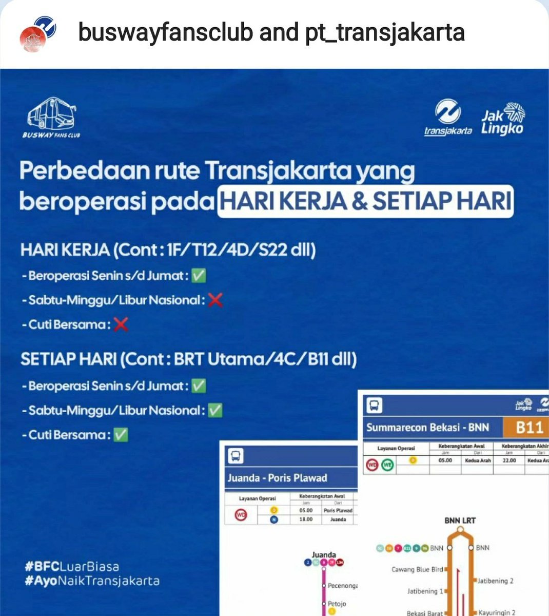 Setiap kalian tanya rute Transjakarta, pasti pernah mendengar atau melihat kata 'Hari Kerja/Setiap Hari' kan?

Berikut perbedaan rute Transjakarta yg beroperasi Hari Kerja & Setiap Hari

#BuswayFansClub #BFCLuarBiasa #AyoNaikTransjakarta #Transjakarta #ConnectingTheLifeofJakarta