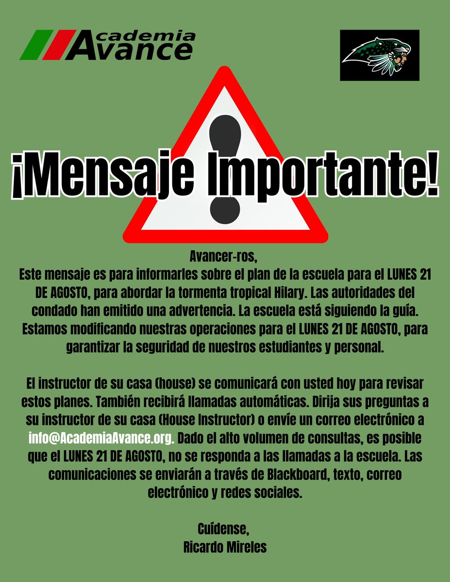 AcademiaAvance's tweet photo. Hey Avance family! Here is an important update regarding plans for this Monday August 21st. For more information visit our website! https://t.co/DjnJ3Xkepm

Be safe!💚 https://t.co/AVBjfWaopy