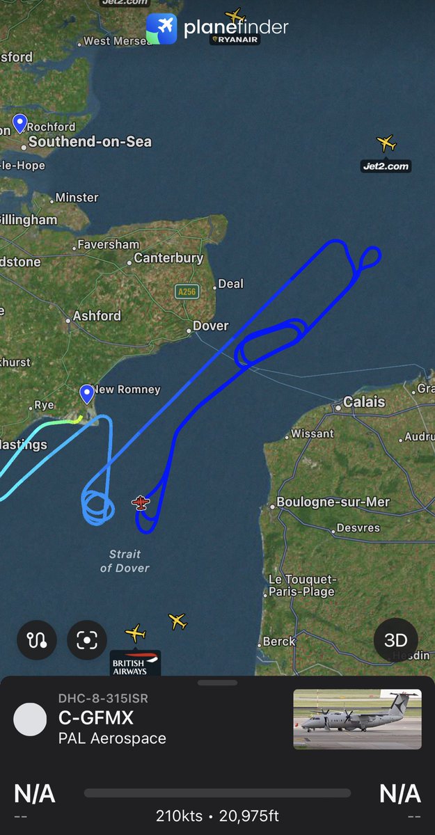 Interesting. A privately owned Canadian company flying a surveillance aircraft in the channel. I’m assuming it’s trying to identify small boat crossings. This must be costing a few Bob. #smallboats #migrants #aviation