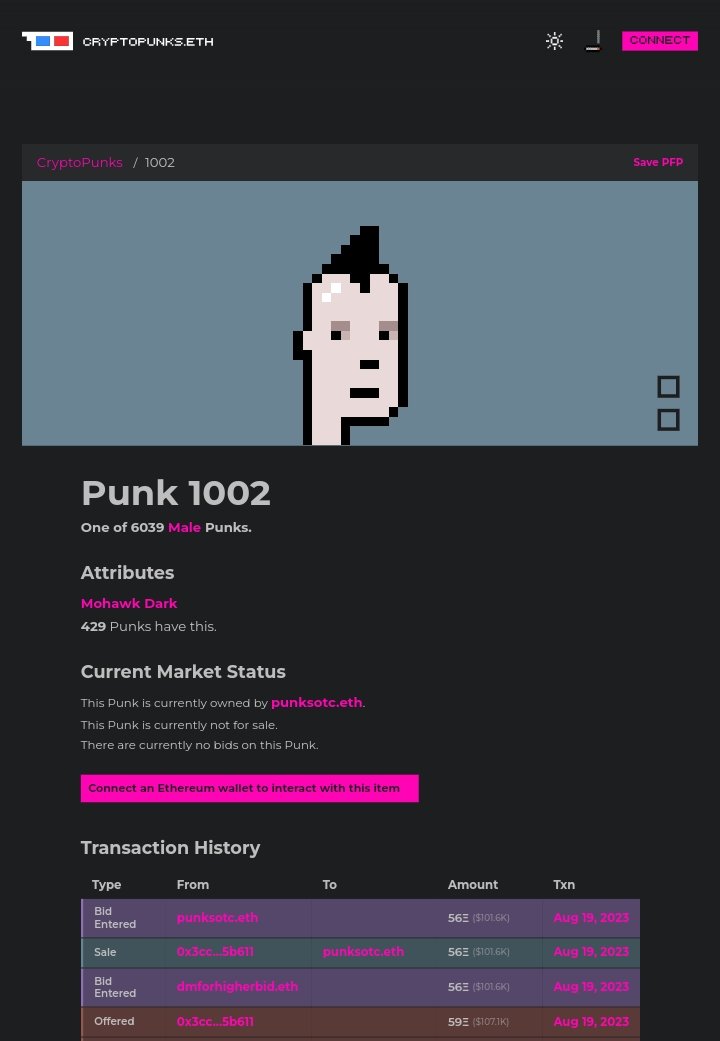cryptopunks_ce's tweet photo. Earlier today, the seller of Punk 1002 accepted a bid of 56E. Unfortunately it was not the original bidder who won the punk, but a bid sniper who swooped in at the last second. This was completely preventable if Yuga's marketplace FORCED bid acceptance with Flashbots Protect RPC. https://t.co/etuaaBFF1Y