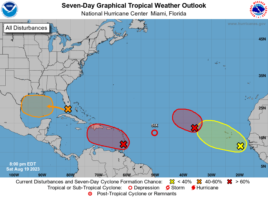 NHC_Atlantic's tweet photo. 8PM EDT 19 Aug: There are several systems we are monitoring  in the Atlantic.

Continue to check https://t.co/tW4KeGdBFb for the latest on #90L near the Windward Islands, and the system moving into the Gulf of Mexico. https://t.co/q1bwbtmyIa