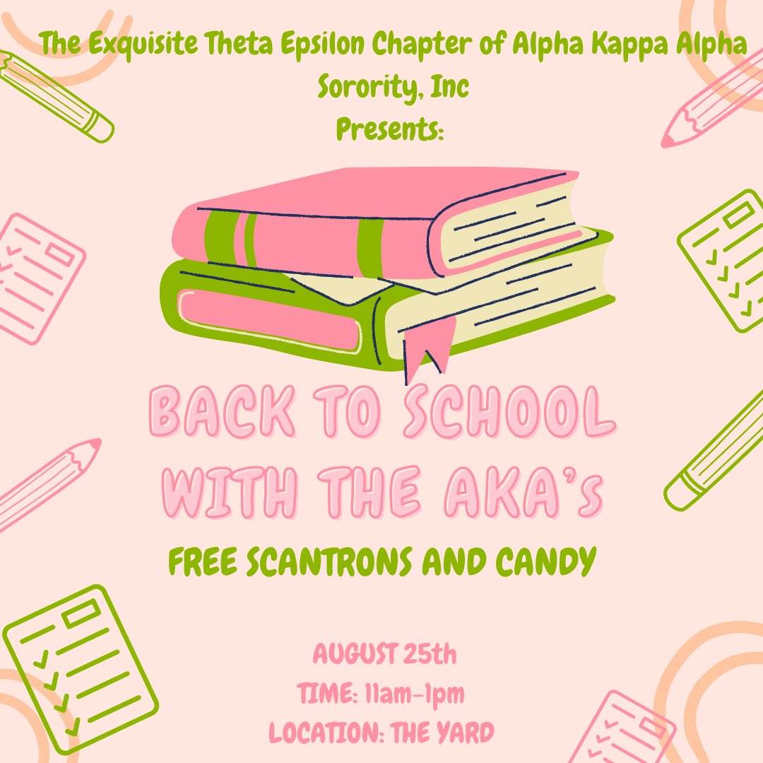 ThetaEpAKAs's tweet photo. Join us on the yard this Friday August 25th from 11am-1pm! We will be giving out free scantrons and candy to start off the semester 🩷💚 https://t.co/jYoZE8fAXt