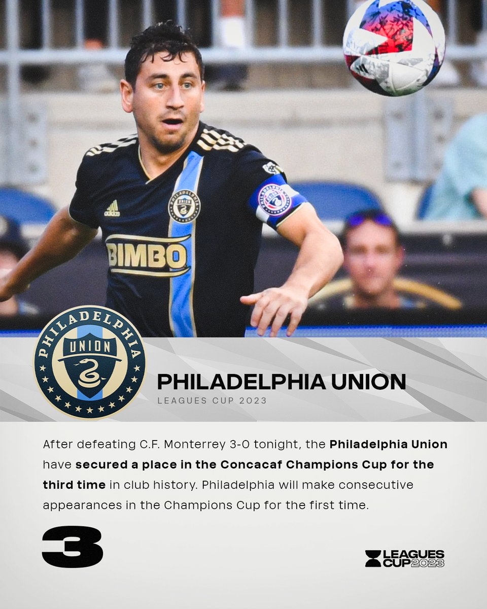MLS_PR's tweet photo. Courtesy of a 3-0 victory over C.F. Monterrey tonight, the @PhilaUnion secured a berth in the 2024 Concacaf Champions Cup (@TheChampions) for the third time in club history and the second consecutive year. https://t.co/WlLaMQRY2B