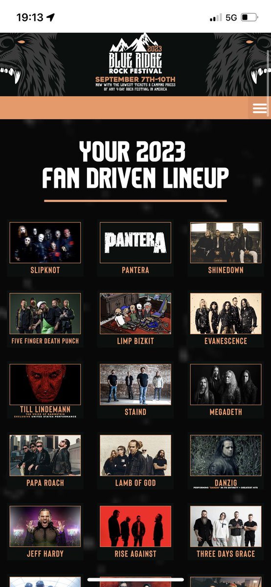 FiveOLetsGo's tweet photo. The absolute most unhinged thing I’ve seen in a while is the line up for the Blue Ridge Rock Festival featuring Slipknot, Pantera, Three Six Mafia…. And wait for it…….OLIVER freakin ANTHONY?!?!  I give up on defending this dude not being a plant?!?! https://t.co/2W2Hnm3oGY
