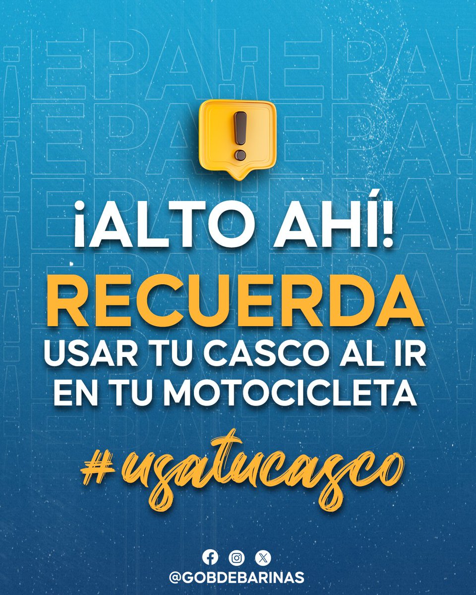 ¿Tienes una moto? ¡Toma nota! ¡Usa el casco! 

El casco te protege de lesiones, reduce el riesgo de heridas graves y aumenta la posibilidad de sobrevivir en un accidente. 

¡USA EL CASCO!

¡Sé un barinés responsable!