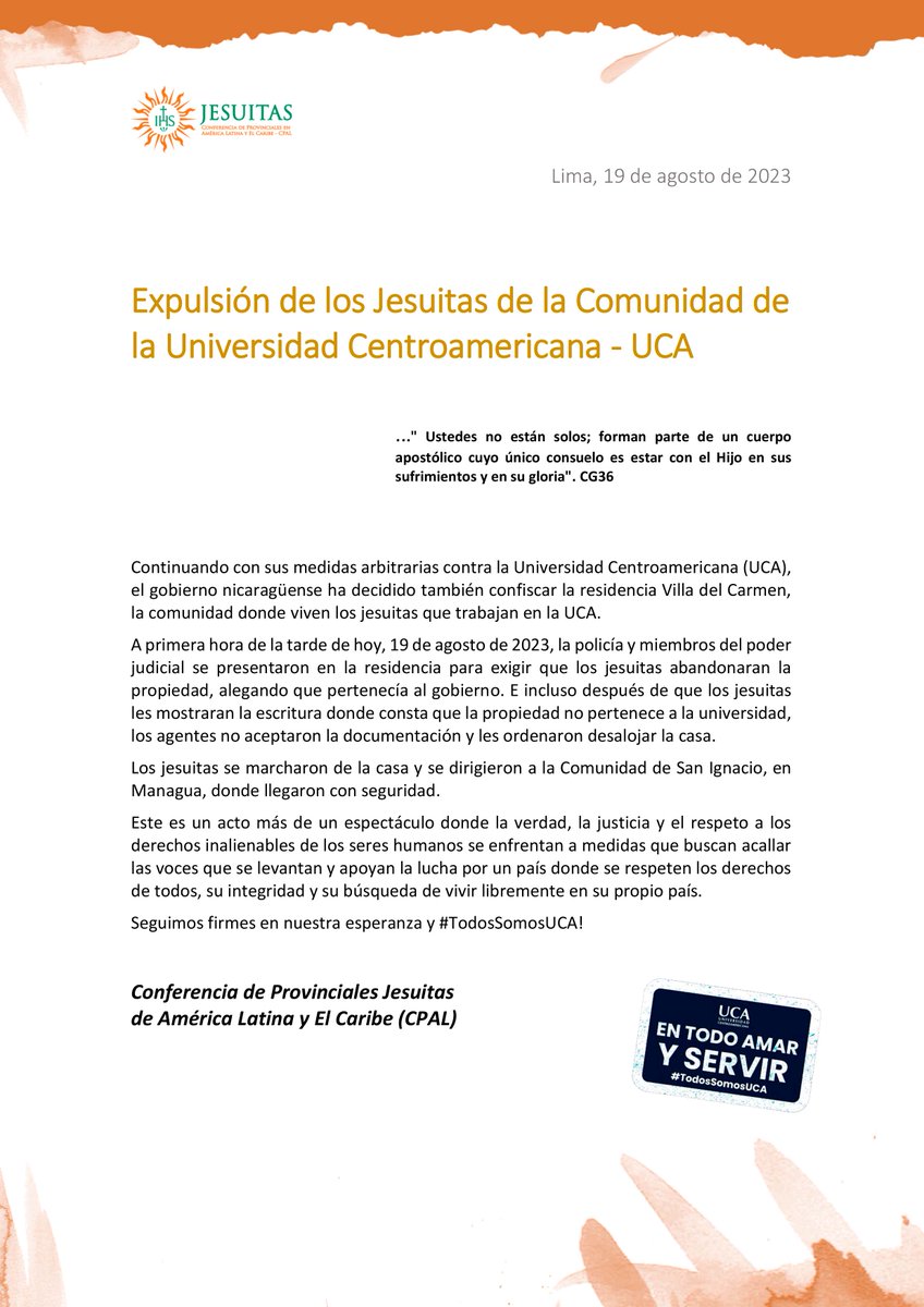Continúan las medidas arbitrarias contra la Universidad Centroamericana (UCA), el gobierno nicaragüense ha decidido también confiscar la residencia Villa del Carmen, la comunidad donde viven los jesuitas que trabajan en la UCA.

#TodosSomosUCA #Jesuitas 
🔗bit.ly/3KMLbyb