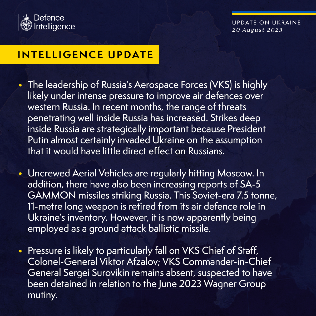 Latest Defence Intelligence update on the situation in Ukraine – 20 August 2023 Find out more about Defence Intelligence's use of language: ow.ly/C73350PB9I7 🇺🇦 #StandWithUkraine 🇺🇦