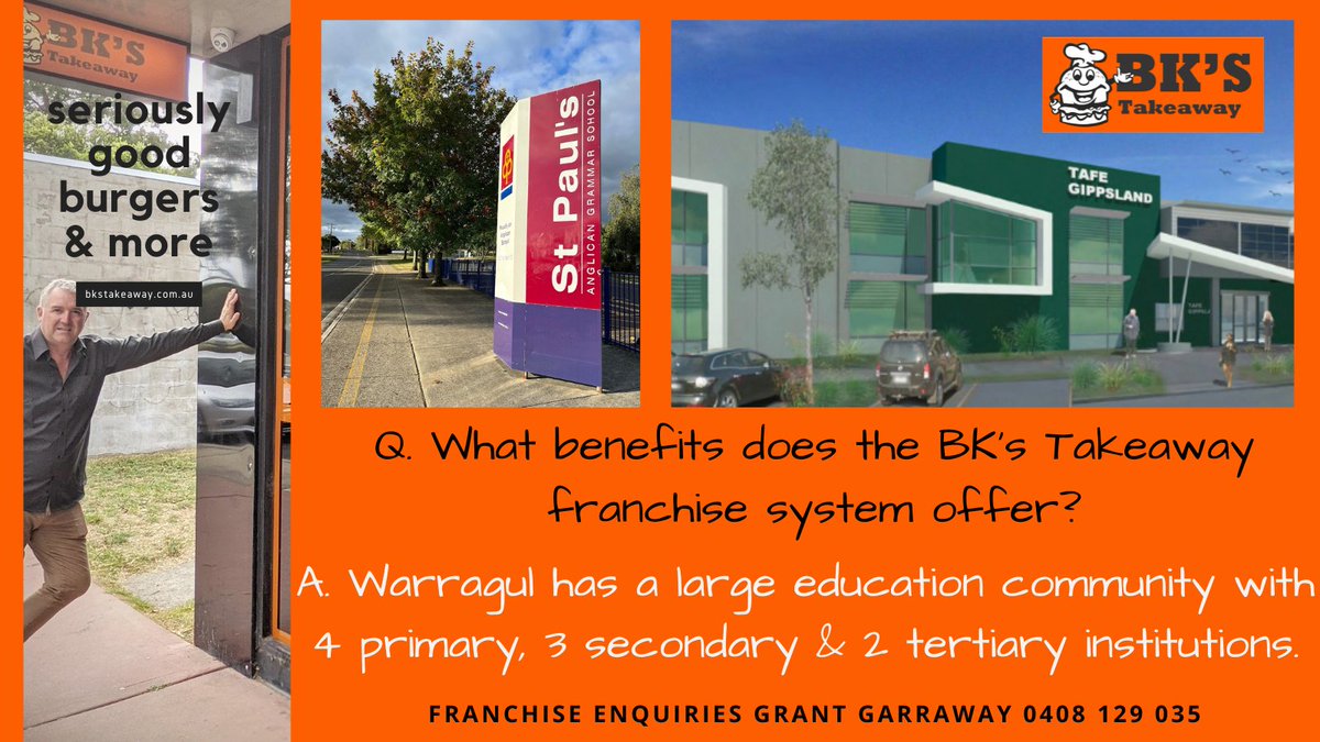 6a1e293b4ae04d6's tweet photo. Q. "What benefits does the #BKsTakeaway #franchise system offer?"  

A. "Warragul has a large education community with 4 primary, 3 secondary &amp; 2 tertiary institutions."  

Grant 0408 129 035  

#beyourownboss #treechange #Warragul #franchiseconsultant #ggfc https://t.co/PNdfqknwUu