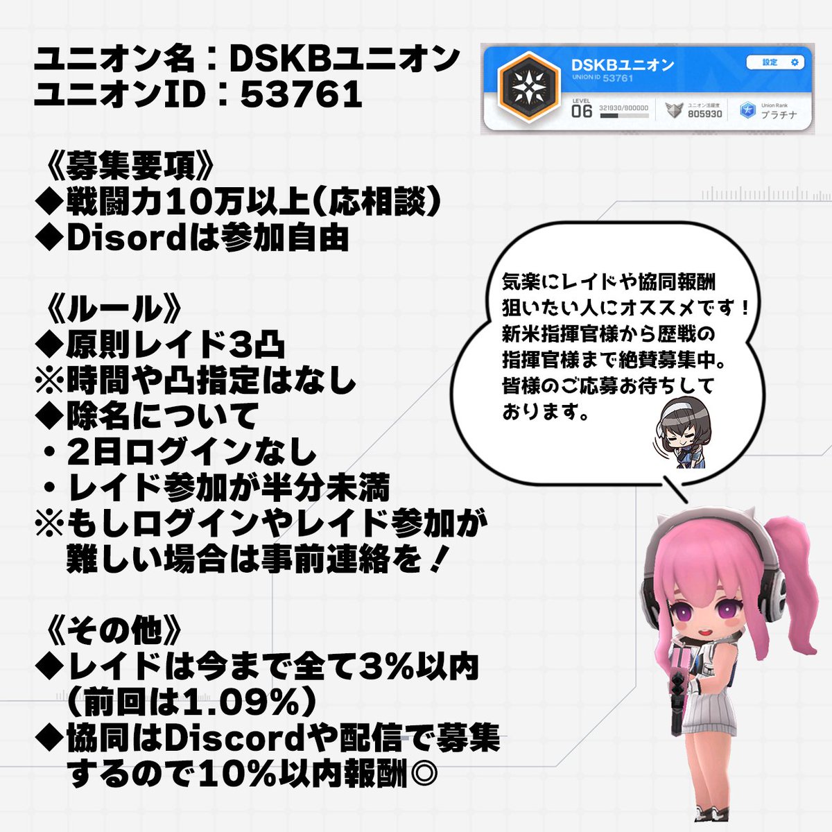 Chit_Channel's tweet image. 現在ユニオンメンバーを4名募集中！ 
ID:53761 

気楽にプレイしつつもある程度報酬狙いたい方、アクティブな方にオススメです。 

 気になる方はDMまたはDiscord：chit5823までご相談ください。  #NIKKE 
#メガニケ 
#NIKKEユニオンメンバー募集