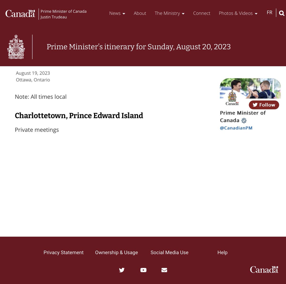 TTT2084's tweet image. I guess the #PartTimePM is heading to my province tomorrow. Will he actually meet with our Premier this time instead of Premier King chasing him down at Charlottetown Airport like he did after the hurricane last year?